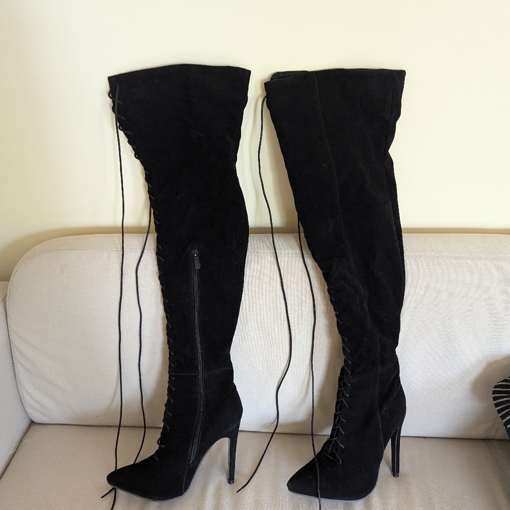 Black Over-the-Knee Lace-Up Boots - Picture 2 of 7